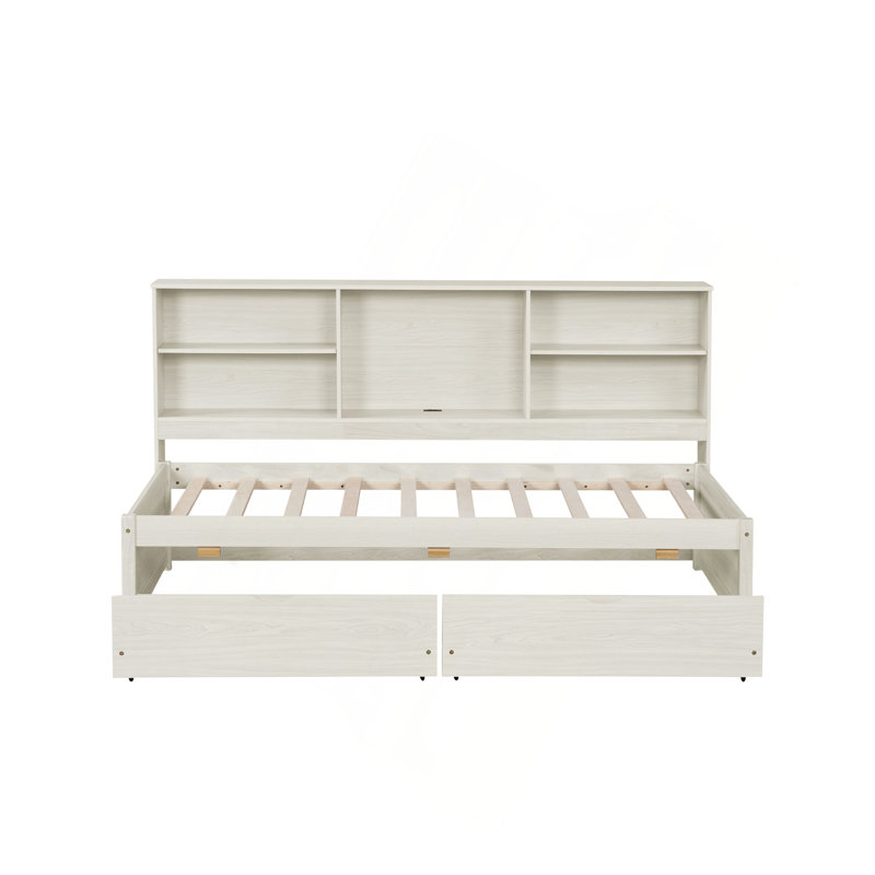 Cadre de lit simple avec tablettes latérales, deux tiroirs et port USB intégré pour une couleur blanc crème