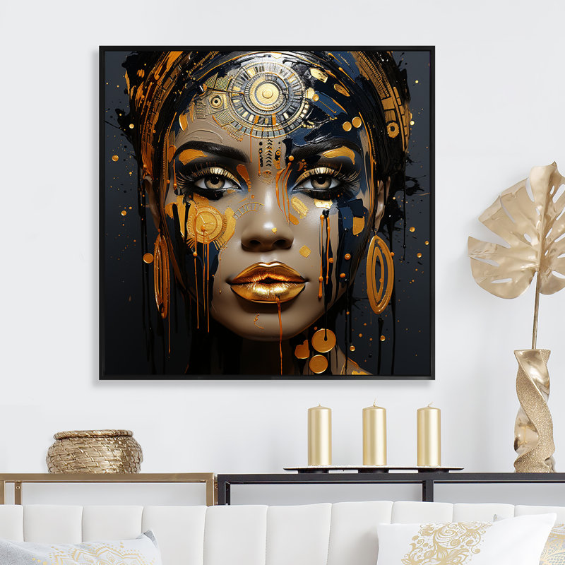 Art africain sur toile, tribus noires et dorées, Cadre flottant noir, H 30 po x l 30 po x P 1,5 po