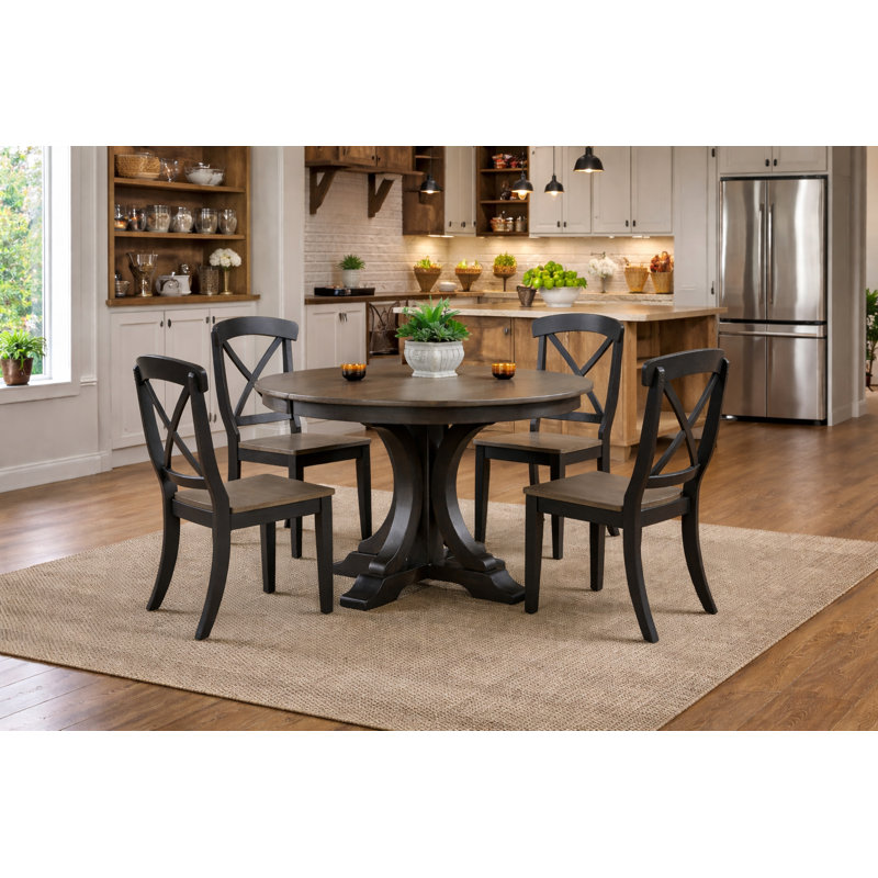 Farnum Round Extendable Solid Wood Dining Set in Antique Grey With An 18" Takeout Leaf- Seats 4-6 people With Gear Driven Takeout Leaf