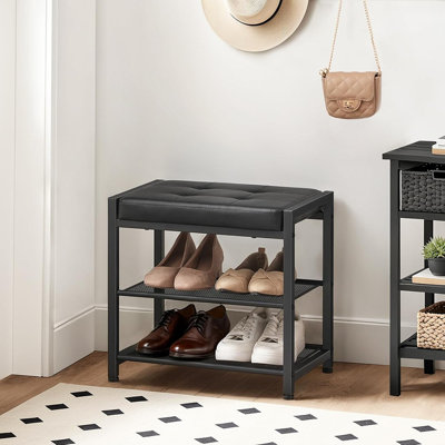 Small Shoe Bench, 3-tier Shoe Rack, Shoe Storage Bench With Pu Seat Cushion, Entryway Shoe Rack Bench With Metal Mesh Shelves, Freestanding Shoe Organizer For Hallway, Black