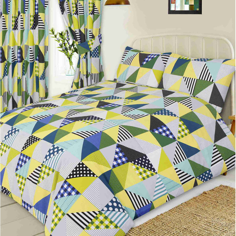 GEO PATCHWORK Clendon Duvet Cover Set, Double Duvet Cover + 2 Standard Pillowcases, Lime