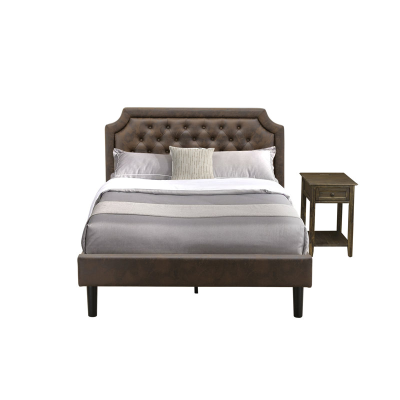 Ensemble de lit 2 pièces avec lit double capitonné à boutons et table de chevet moderne Mid-Century Jacobean - similicuir brun foncé avec texture noire et pieds noirs