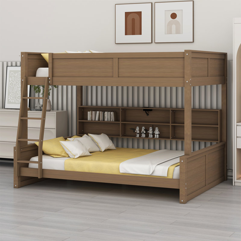 Bunk Bed With Storage Cabinets And USB Ports, Antique Wood, Full XL over Queen