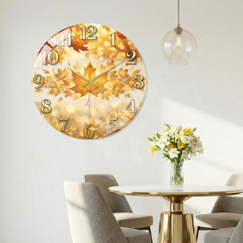 "Autumn Leaves", horloge murale en verre, 40 x 40 cm (15,7 x 15,7 pouces)