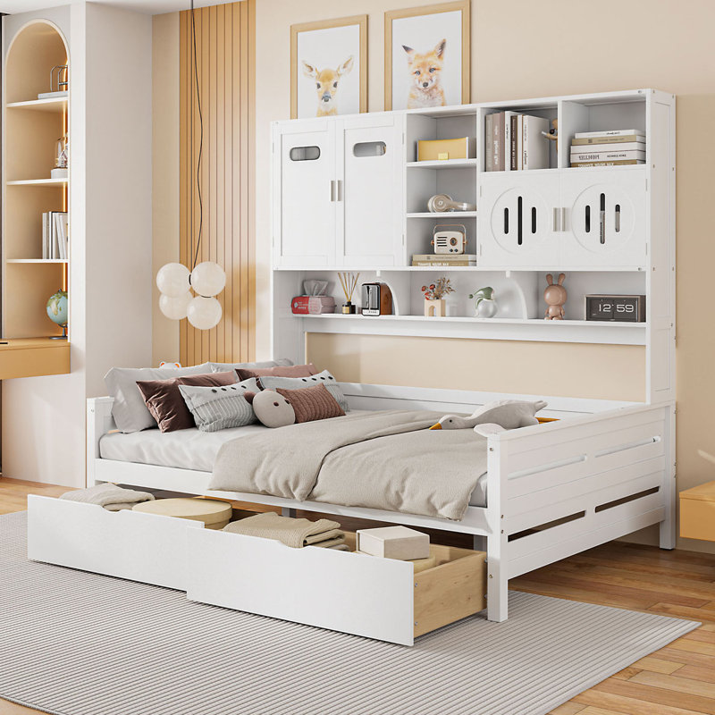 2 Drawers Daybed With Bookcase And Cabinet, Full, White