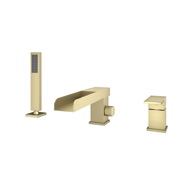 Doux Waterfall Deck-Mount Bathtub Filler Faucet with Diverter and Handheld Shower, Brushed Gold