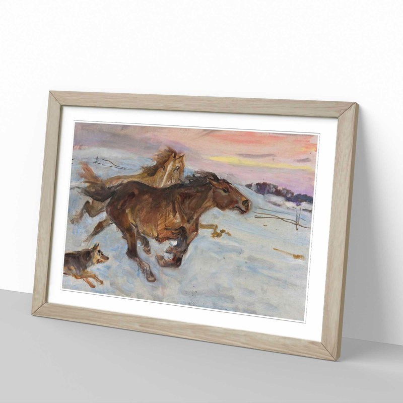 Escape of the Horses by Wojciech Kossak - Picture Frame Painting, 27cm H x 36cm W x 2cm D, Oak Framed