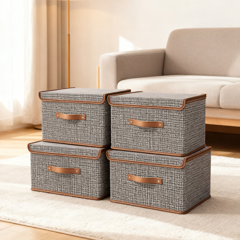 Boîte de rangement 4Pack avec couvercle rabattable, boîte de rangement en tissu de coton et de lin, cube de rangement pour vêtements pliable, avec poignée, utilisée pour garde-robe, garde-robe