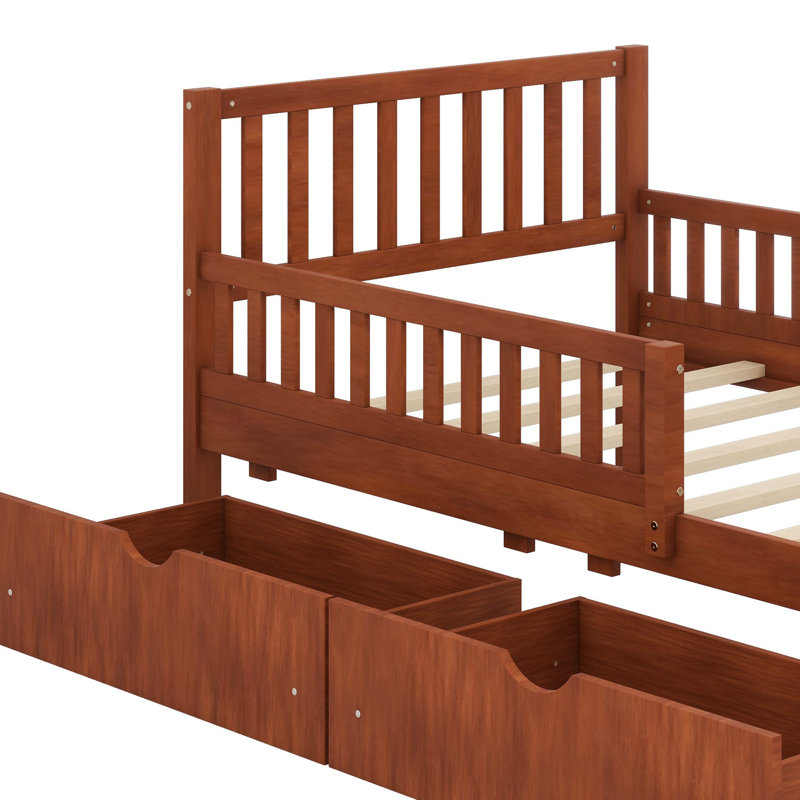 Lit plateforme en bois avec garde-corps des deux côtés et deux tiroirs de rangement, Walnut