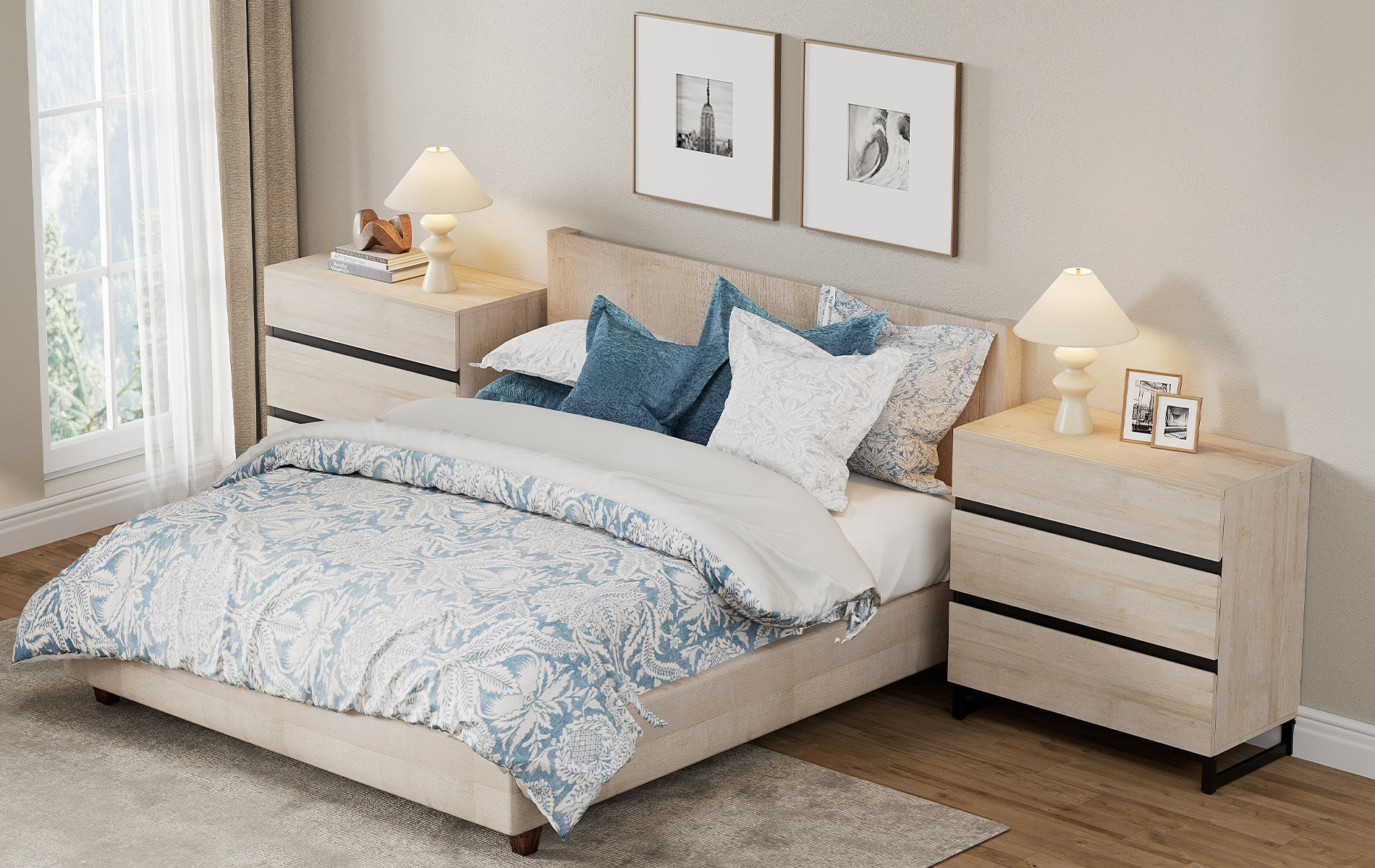 Aadam  2 Pack Nightstand With 3 Drawers For Bedroom, Modern Bedside Table With Square Iron Leg, Wood Rustic Side End Table For Living Room