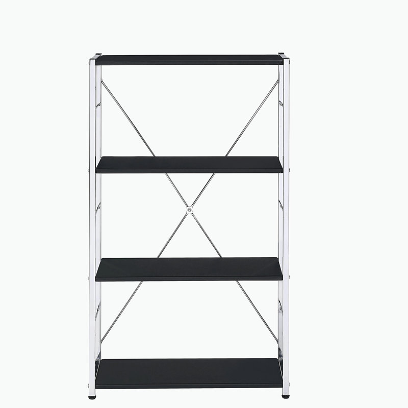 Black & Chrome Finish Bookshelf, (4 Shelves) 42"H x 24"W x 11"D
