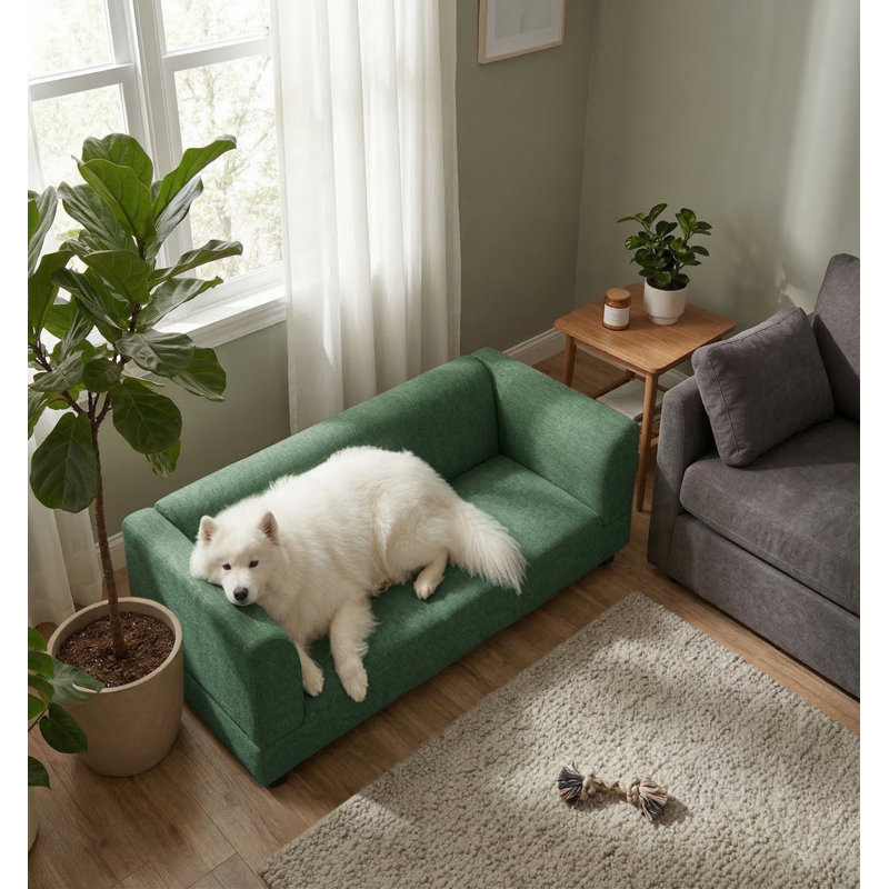 Canapé surdimensionné en lin pour chiens de taille moyenne et grande, conception rectangulaire avec dossier, accoudoirs et coussin fixe