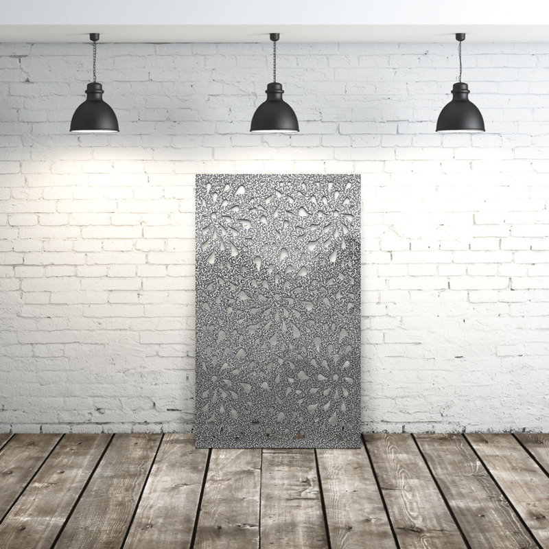 Panneau d'intimité en aluminium découpé au laser Curly Flower, L 36 po x H 36 po, Veiné argent