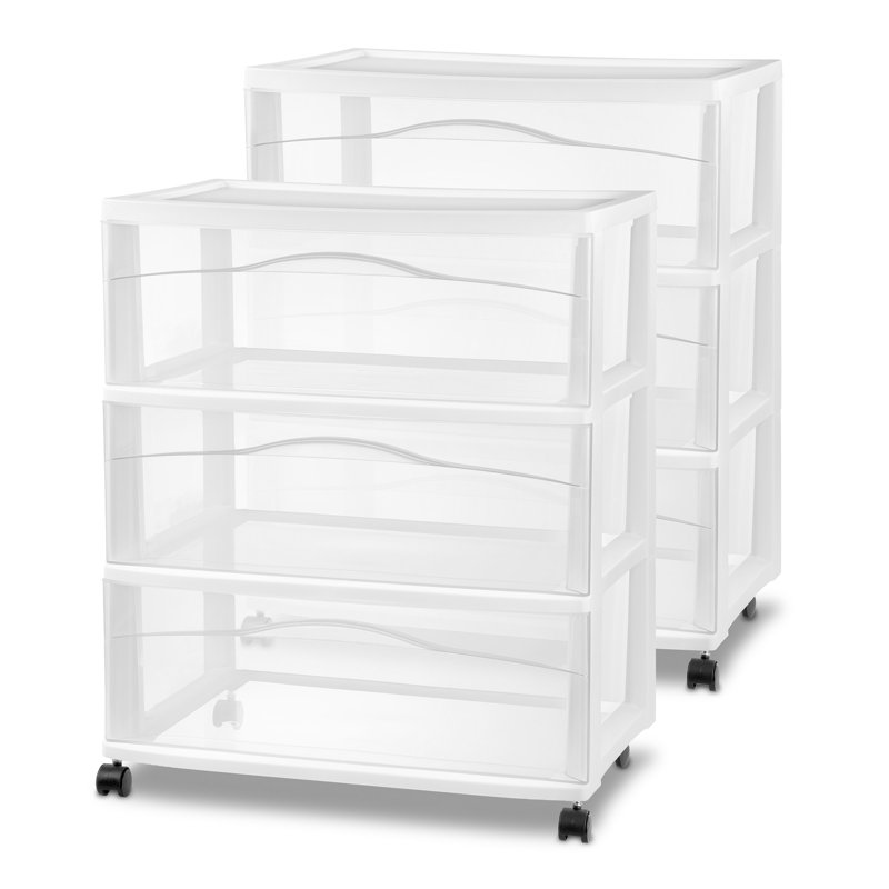Sterilite Wide 3 Drawer Storage Cart, Plastic Rolling Organizer, White, 2 Pack