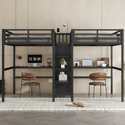 Space-Saving Twin Over Twin Metal Loft Bed with Double Desk, Wardrobe, Shelves & Electrical Outlet for Noise Reduction, woodgrain by Isabelle & Max