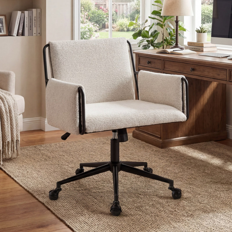 Jabali Extra Wide Boucle Upholstered Office Chair Swivel Desk Chair with Metal Frame, Beige