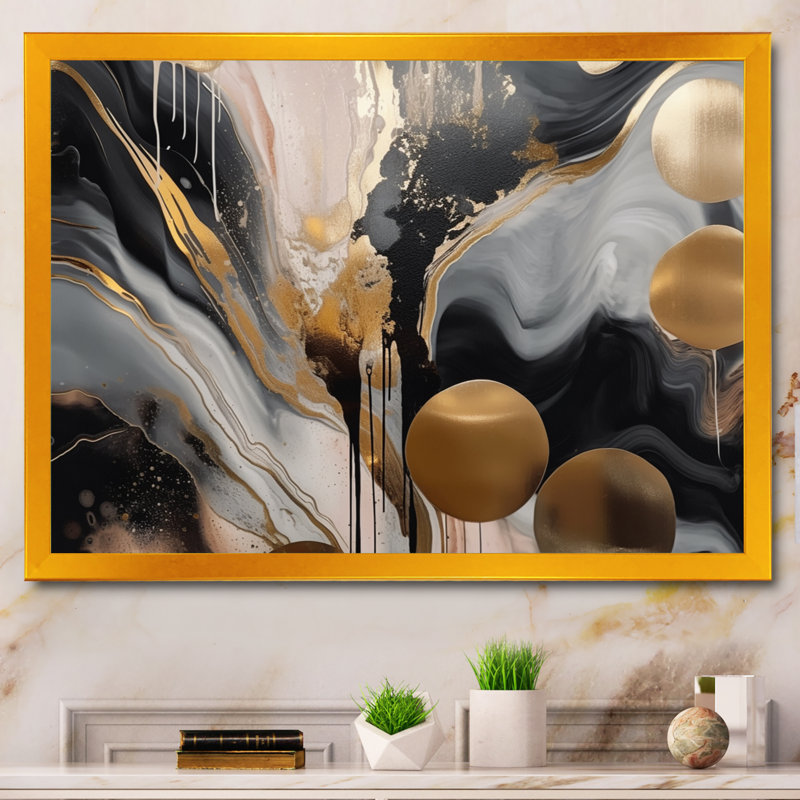 Marbre gris et doré captivant - art abstrait sur toile marbrée, Cadre photo unique, Doré, H 24 po x l 32 po