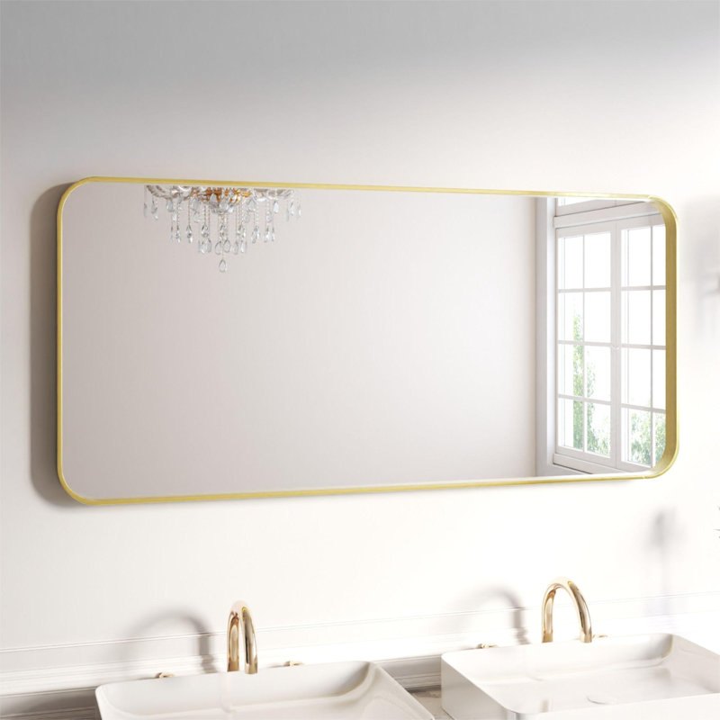 Stylish Aluminum Framed Mirror with Rounded Corner for Elegant Home Decor, Brushed Gold, 60" x 28", Rectangle