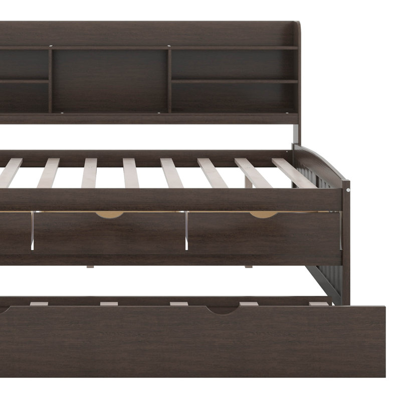 Brona Full Size Wooden Captain Bed with Built-in Bookshelves, Three Storage Drawers and Trundle, Antique Brown