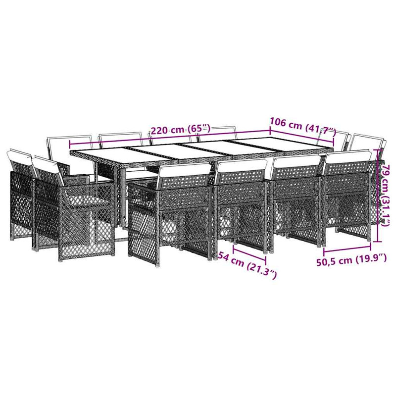 Patio Dining Set Table,, 13 Pieces: Table, 12 Chairs, 73cm H x 220cm W x 106cm D, Grey Cushion/Grey Frame