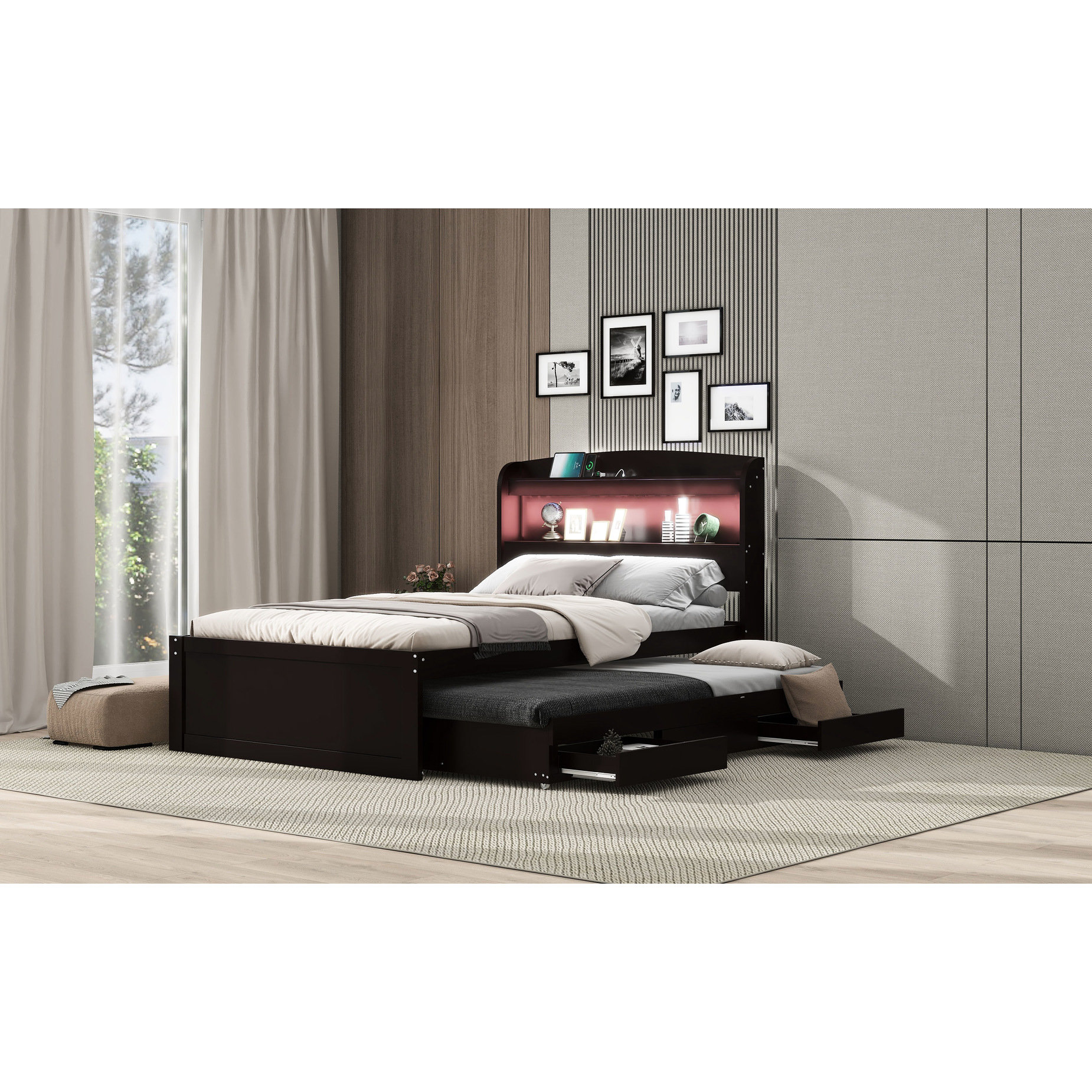 Latitude Run® Twin Xl Size Bed With Trundle & Drawer Storage, Led ...