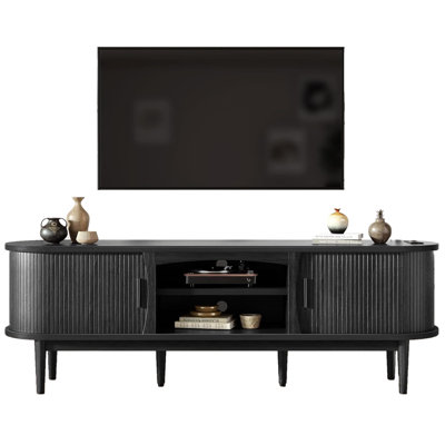 Mid Century TV Stand For Tvs,Entertainment Center With Storage, Power Outlet, Fluted Sliding Doors & Adjustable Shelves (Black)
