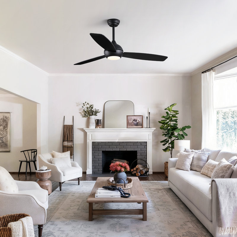 Ventilateur de plafond moderne à 3 pales de 52 po avec télécommande et lumière DEL, Noir, Noir