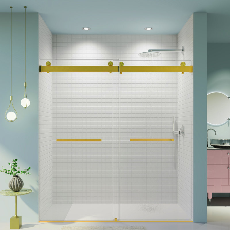 68-72 Inches *76 Inches  Frameless Double Sliding Soft-Close Shower Door, 3/8 Inches (10Mm) Thick SGCC Tempered Glass Door,  Brushed Gold