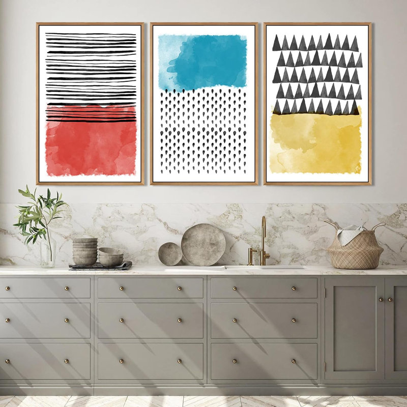 Abstrait, blocs de couleurs vives et carrés abstraits, impression sur toile, 3 pièces, Naturel, H 24 po x l 48 po x P 1,5 po