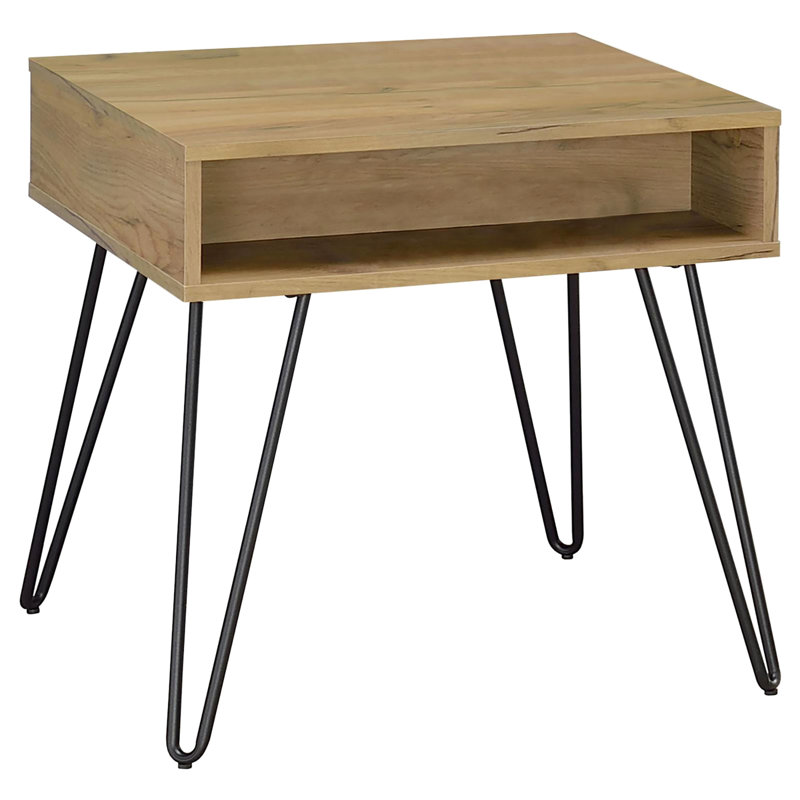 Table carrée industrielle en chêne doré et noir avec option de rangement en surface