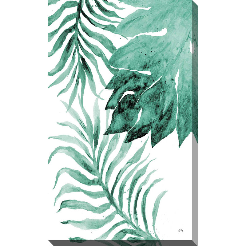 «Teal Fern and Leaf II», reproduction de peinture à l'aquarelle, H 30 po x l 18 po x P 1 po, Toile tendue