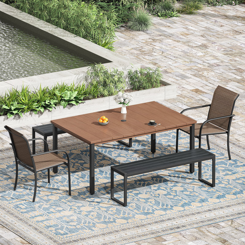 Ensemble repas d'extérieur rectangulaire avec banc, Brun, Brun