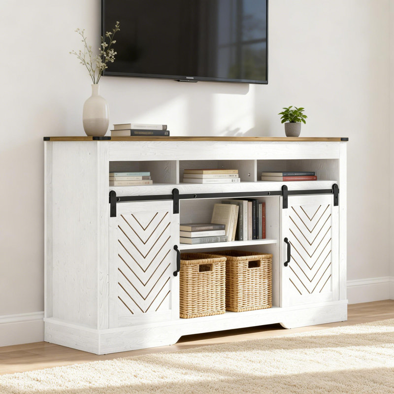 58'' Media Console TV Stand for TVs Up to 70" - Farmhouse Modern Style with Sliding Doors & Adjustable Shelves, White/Natural