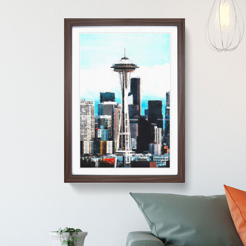Space Needle In Seattle Washington Painting - Picture Frame Graphic Art, Walnut Framed, 87cm H x 62cm W x 2cm D