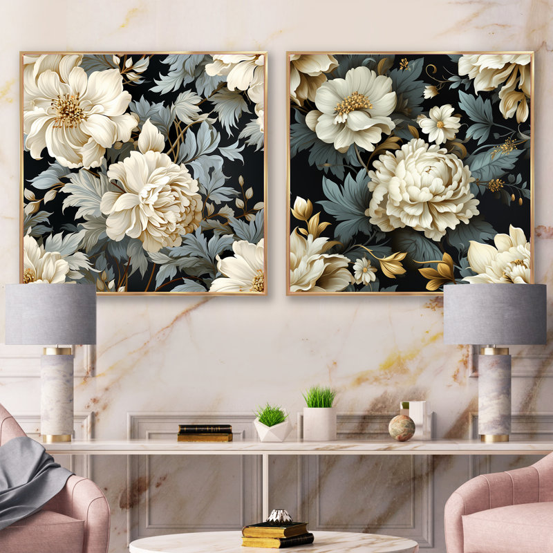 Urban Victorian Splendor - motif victorien à motif floral carré - ensemble de 2, Cadre flottant doré, H 16 po x l 33 po