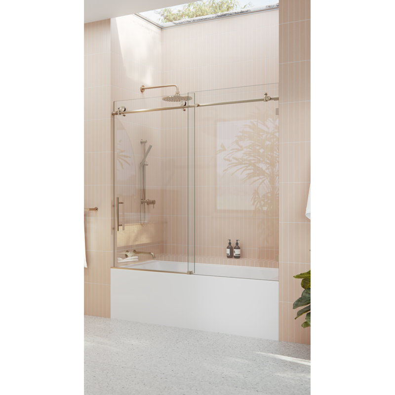 Eclipse 56 - 60 in. x 60 in. Fully Frameless Sliding Bathtub Door, Brushed Bronze
