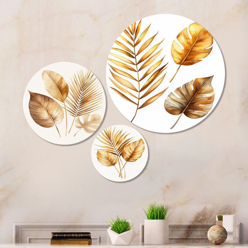 «Brown Tropical Beiges Leaves I» - botanique, art mural en métal 3 pièces