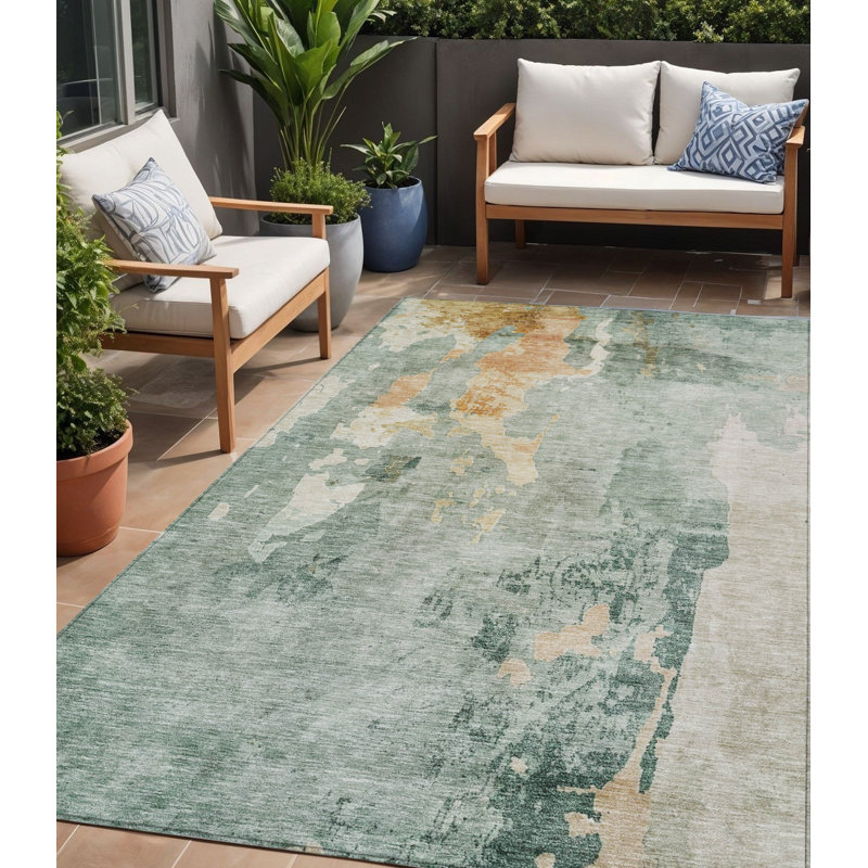 Tapis d'extérieur lavable abstrait bleu cuivre et gris 5 pi x 8 pi