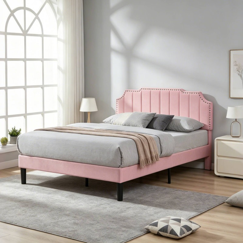 Full Size Pink Velvet Platform Bed with Nailhead Trim Headboard, Upholstered Bed Frame No Box Spring Needed, Modern Blush Pink Bed for Bedroom