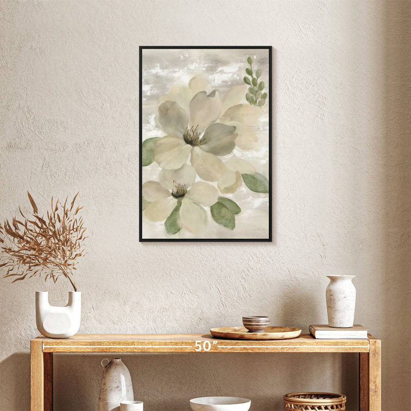 Blanc sur blanc sauge florale, Cadre flottant noir, 21 po x 31 po