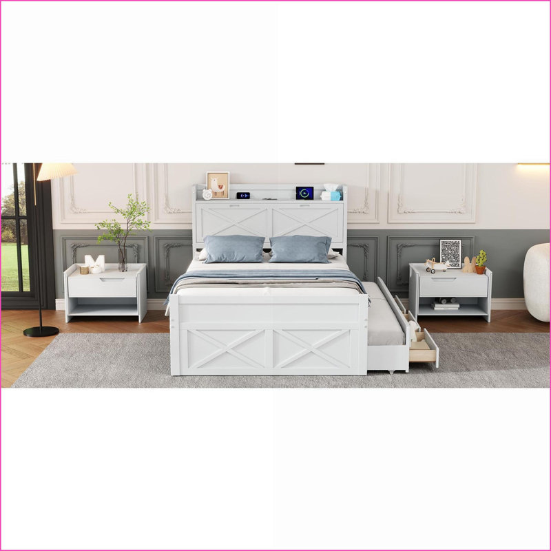 Lit de rangement en bois avec prises de courant, lit gigogne simple et tiroirs - Blanc pour chambres à coucher modernes