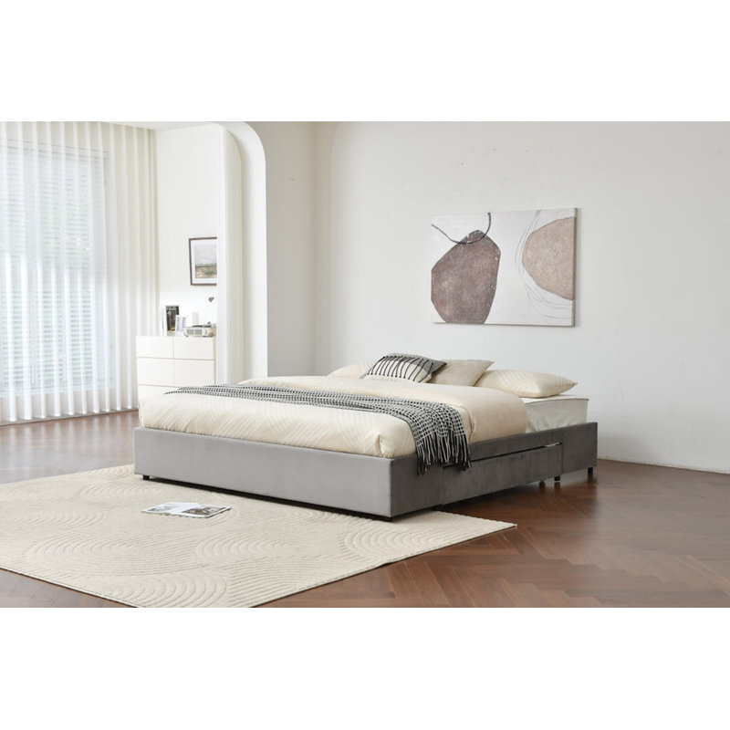 Lit plateforme tapissier avec rangement et tiroirs, Gris, Double