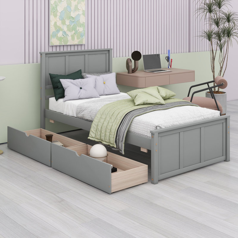 Lit plateforme avec rangement, 2 tiroirs avec roulettes, Gris