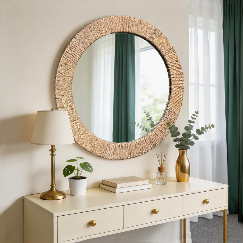 Miroir mural rond en rotin, 36 po x 36 po