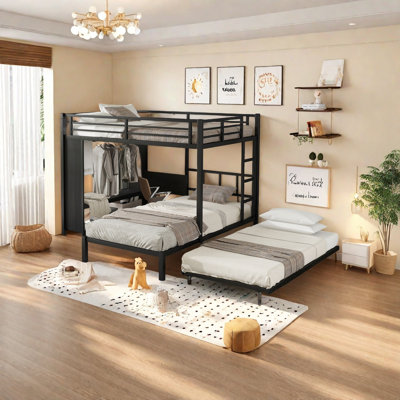 Multifunctional Space-Saving Bunk Bed with Built-in Closet, Folding Desk and Stowable Trundle, Rust-Resistant Frame, Full-Length Guardrails, Easy Installation