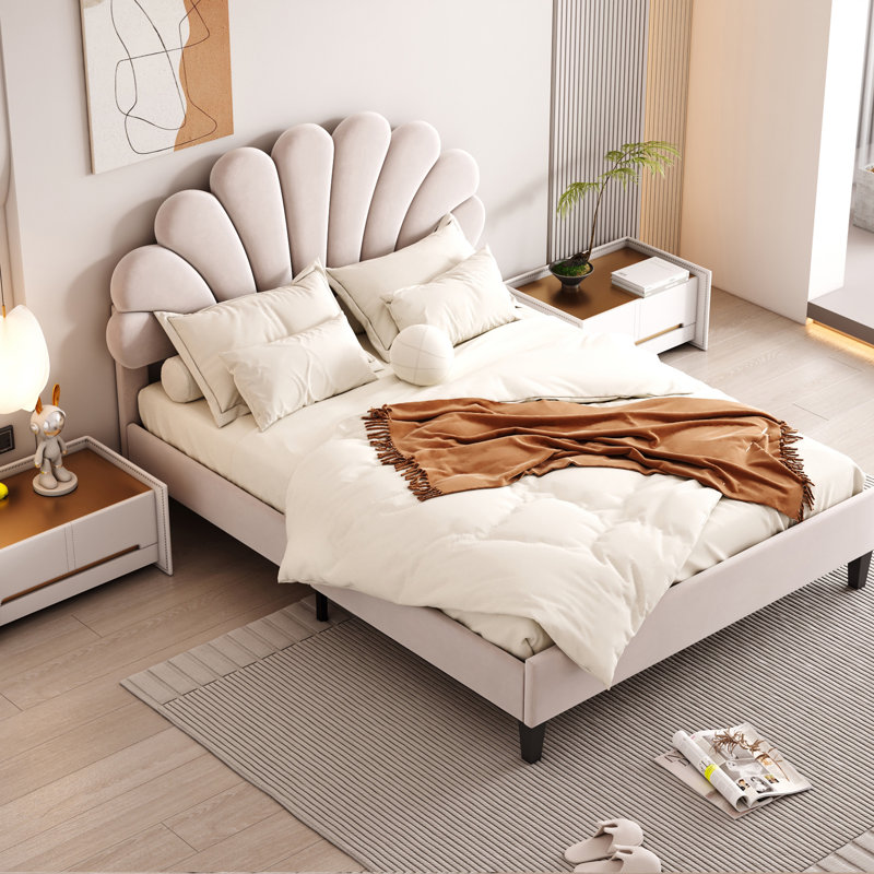 Lit plateforme tapissier Marlowe, Beige, Lit double
