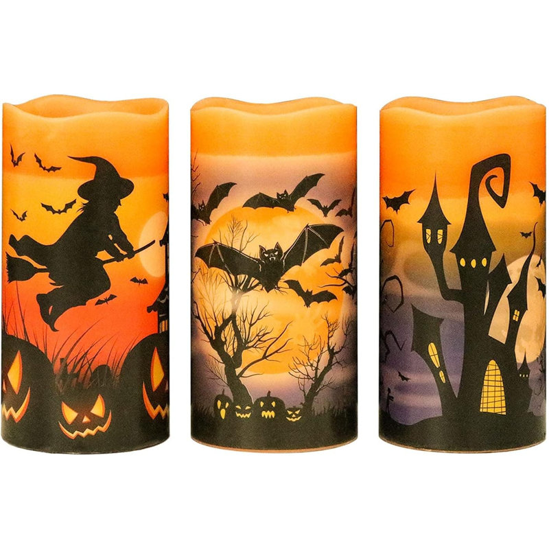 3 Pack Halloween Flameless LED Candles - 6-Hour Timer, Battery-Operated Wax with Witch/Bats/Castle Decals, Flickering for Decor