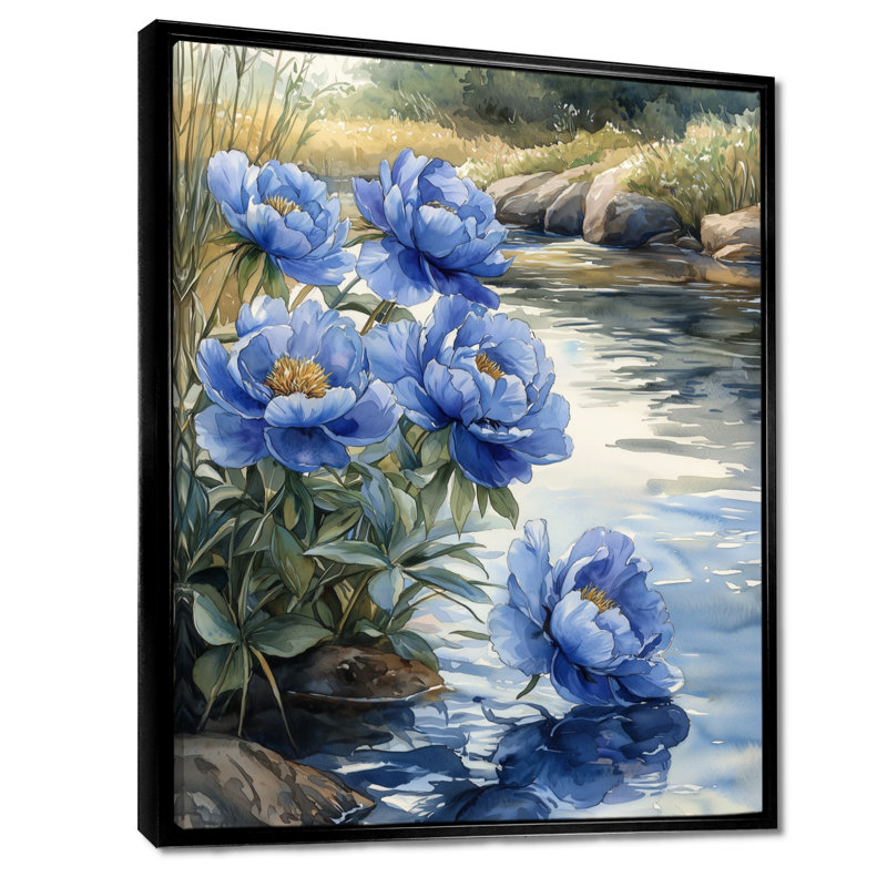 Bleuet bleu pivoines au bord de la rivière I - pivoines, reproduction d'art sur toile encadrée, H 40 po x l 30 po, Noir
