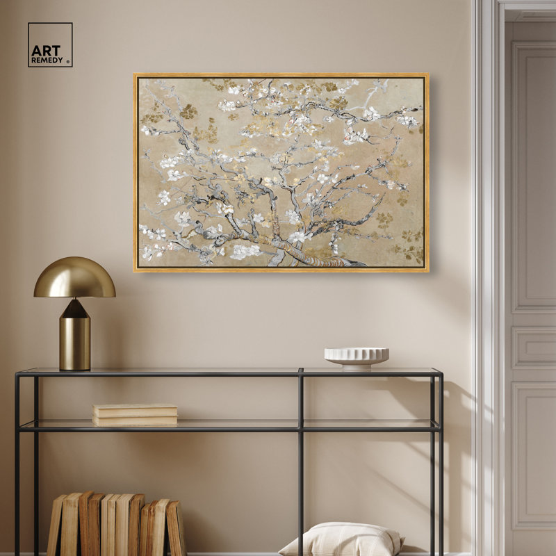" Van Gogh in Gold Blossoms Inspiration " Acrylic Print, 24" H x 36" W, Floater Framed Canvas, Gold