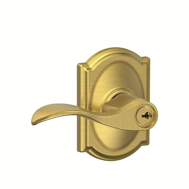 Accent Lever with Camelot Trim Keyed Entry Lock, Satin Brass, Keyed Alike, Yes